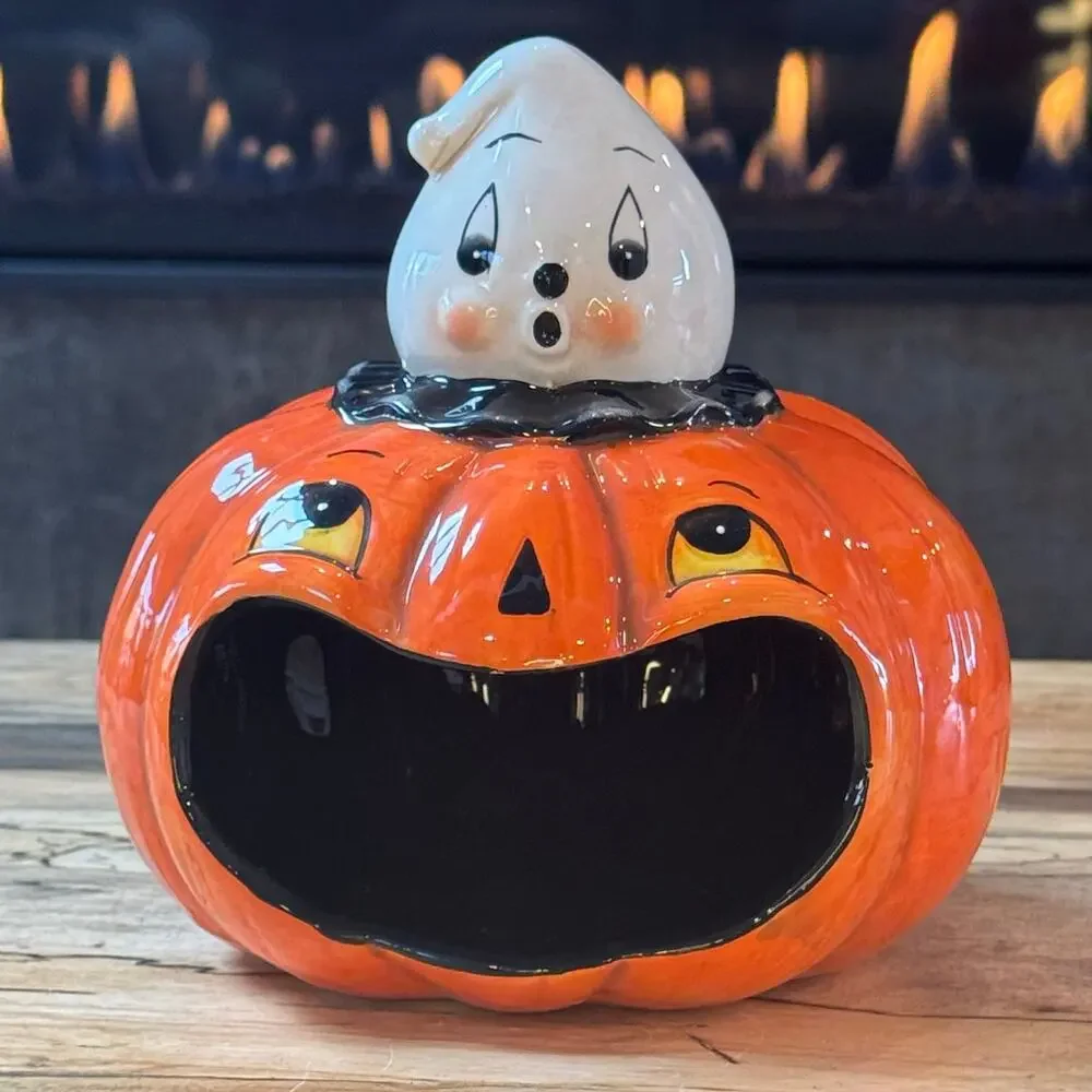 Johanna Parker Halloween Ghost & Jack-o-Lantern Ceramic Treat Bowl Candy Bowl